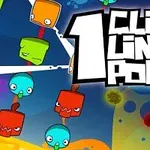 Színes, kocka alakú karakterek különböző arckifejezésekkel, élénk háttér előtt, a kép központjában 1 Click Line Pop felirattal