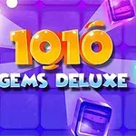 Élénk színű drágakövek és a 1010 GEMS DELUXE felirat egy lila négyzethálós háttér előtt