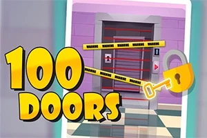 Színes illusztráció lila falú, lezárt ajtóval és figyelmeztető szalaggal, mellette nagy sárga 100 Doors felirattal és kulcsikonnal