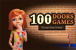 Egy rajzolt, vörös hajú lány csillagos ruhában áll egy téglafal előtt, mellette egy fa pad és a 100 Doors Games felirat