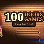 Egy rajzolt, vörös hajú lány csillagos ruhában áll egy téglafal előtt, mellette egy fa pad és a 100 Doors Games felirat