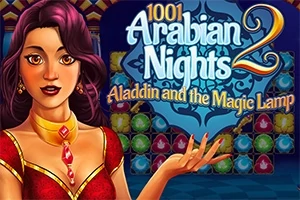 Egy piros ruhás nő áll előtérben, mögötte pedig színes minták és a 1001 Arabian Nights 2: Aladdin and the Magic Lamp felirat látható