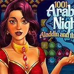 Egy piros ruhás nő áll előtérben, mögötte pedig színes minták és a 1001 Arabian Nights 2: Aladdin and the Magic Lamp felirat látható