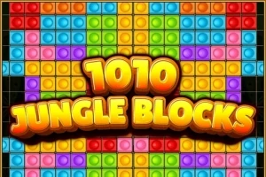 Színes négyzetekből álló blokkok mintája, középen a 1010 Jungle Blocks felirattal