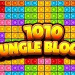 Színes négyzetekből álló blokkok mintája, középen a 1010 Jungle Blocks felirattal
