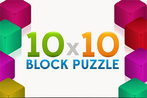 Színes 3D kockák keretezik a „10x10 Block Puzzle feliratot fehér háttéren