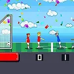 Két pixeles stílusú focicsapat játékosai ünnepelnek ötletes, színes konfetti esőben, kék és zöld háttér előtt, a kapuk mellett