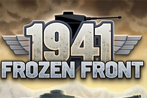 Nagy, fémes 1941 Frozen Front felirat szárnyakkal és tank árnyképpel a háttérben, barnás árnyalatú ég alatt