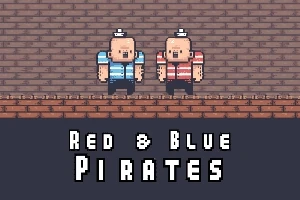 Két rajzfilmszerű kalóz karakter, egyik piros csíkos, a másik kék csíkos pólóban, téglafal háttér előtt, a Red & Blue Pirates felirat alatt