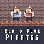 Két rajzfilmszerű kalóz karakter, egyik piros csíkos, a másik kék csíkos pólóban, téglafal háttér előtt, a Red & Blue Pirates felirat alatt