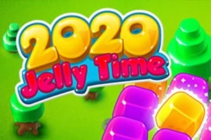 Színes 2020 Jelly Time felirat zöld háttéren, körülvéve színes, kocsonyás formákkal és faelemekkel