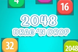 Kék háttér előtt különböző színű és számú blokkok, középen a 2048 Drag n Drop felirattal