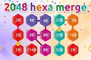 Színes hatszögletű lapkák számokkal, színes konfettik és a 2048 hexa merge felirat