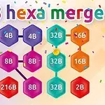 Színes hatszögletű lapkák számokkal, színes konfettik és a 2048 hexa merge felirat