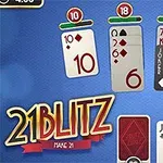 Kártyajáték képernyő, amely különböző értékű és színű kártyákat, valamint a 21 Blitz feliratot mutatja kék háttérrel