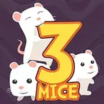 Három aranyos fehér egér rajza nagy, sárga hármas szám és MICE felirat mellett sötétlila háttérrel
