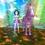 Egy kék ruhás, kék hajú lány és egy zebra állnak egy virágos réten, háttérben fákkal és patakkal