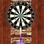 Darts-tábla egy falra szerelve, háttérben téglafallal és fahatású burkolattal
