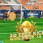 Focipálya, játékos szögezett mozdulattal, kapus a háló előtt, 50-es pontjel, 3D Free Kick World Cup 18 logó az előtérben