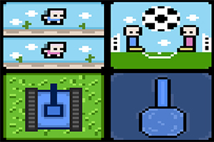 Pixel art stílusú kép négy részre osztva: platformon ugráló figurák, focizó figurák, egy kék tank, és egy kék kalapács