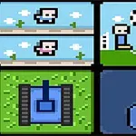 Pixel art stílusú kép négy részre osztva: platformon ugráló figurák, focizó figurák, egy kék tank, és egy kék kalapács