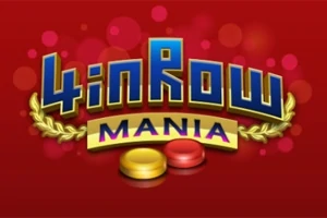 A kép közepén a 4 in Row Mania felirat látható, alatta sárga és piros korongokkal, piros háttérrel és arany babérkoszorú motívummal