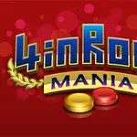 A kép közepén a 4 in Row Mania felirat látható, alatta sárga és piros korongokkal, piros háttérrel és arany babérkoszorú motívummal