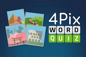 Négy egyszerűsített képeslap ikon különböző világörökségi helyszínekkel, mellette a 4Pix Word Quiz felirat
