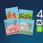 Négy egyszerűsített képeslap ikon különböző világörökségi helyszínekkel, mellette a 4Pix Word Quiz felirat