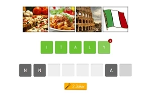 Pizza, tészta, Colosseum és olasz zászló képei, alatta ITALY felirat zöld négyzetekben, két további szürke és fehér négyzet, 2 Joker ikon sárga alapon
