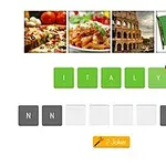 Pizza, tészta, Colosseum és olasz zászló képei, alatta ITALY felirat zöld négyzetekben, két további szürke és fehér négyzet, 2 Joker ikon sárga alapon