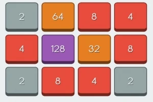 Színes, számozott csempékből álló négyzetes rács különböző értékekkel, például 2, 4, 8, 32, 64, 128