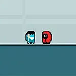 Két egyszerű, pixeles figura, egy kék és egy piros, ütköznek egy minimalista, kétdimenziós környezetben