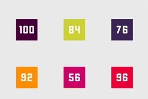 Hat színes négyzet különböző számokkal: 100, 84, 76, 92, 56, 96