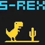 Sárga, pixeles dinoszaurusz és kaktusz fekete háttér előtt, fent kék S-REX felirattal