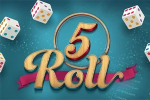 Dobókockák és a 5 Roll felirat egy kék háttér előtt