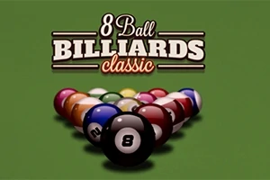 Háromszög formában elrendezett biliárdgolyók egy zöld asztalon, középpontban a fekete 8-as golyóval, fölötte a 8 Ball Billiards Classic felirat