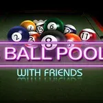 Biliárdasztalon számozott golyók és neonfényes felirat: 8 Ball Pool with Friends