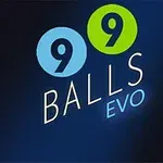 Kék és zöld körökben elhelyezett számok „99” a „BALLS EVO” szöveg felett sötét háttéren