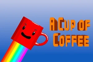Piros bögre vidám arccal, amelyből szivárványcsík árad, mellette a A Cup of Coffee felirat