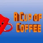Piros bögre vidám arccal, amelyből szivárványcsík árad, mellette a A Cup of Coffee felirat