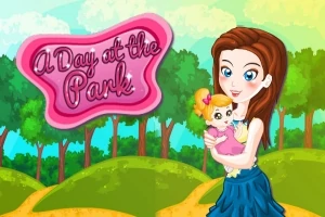 Egy rajzfilm-stílusú parkban egy nő kislányt tart a karjában, mellette rózsaszín, „A Day at the Park” felirat látható