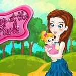 Egy rajzfilm-stílusú parkban egy nő kislányt tart a karjában, mellette rózsaszín, „A Day at the Park” felirat látható