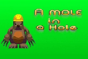 Egy barna vakond sárga sisakban egy élénkzöld háttér előtt, mellette a A mole in a hole felirat látható