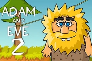 Rajzfilmszerű, szőke szakállas férfi karakter mosolyog egy fákkal teli háttér előtt, mellette Adam and Eve 2 felirat látható