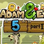 Rajzfilmszerű figurák, Adam és Éva illusztráció, lombos háttérrel és állatokkal, középen nagy fa táblán felirat olvasható