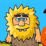 Két rajzfilmfigura, egy szakállas, szőke hajú ember és egy narancssárga, egyszemű, mosolygós szörnyecske, kék háttérrel