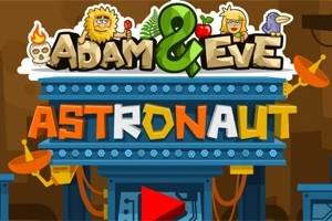Az illusztráció színes grafikával ábrázolja az Adam és Éva Astronaut feliratot, űrbeli témákkal és stilizált figurákkal díszítve