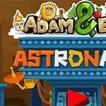 Az illusztráció színes grafikával ábrázolja az Adam és Éva Astronaut feliratot, űrbeli témákkal és stilizált figurákkal díszítve