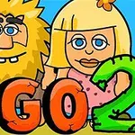 Két rajzfilmfigura, egy szakállas férfi és egy szőke nő, állnak a GO 2 felirat mögött világoskék háttér előtt